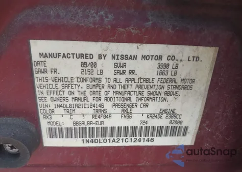 2001 Nissan Altima Gxe z USA, uszkodzony, nr VIN 1N4DL01A21C124146